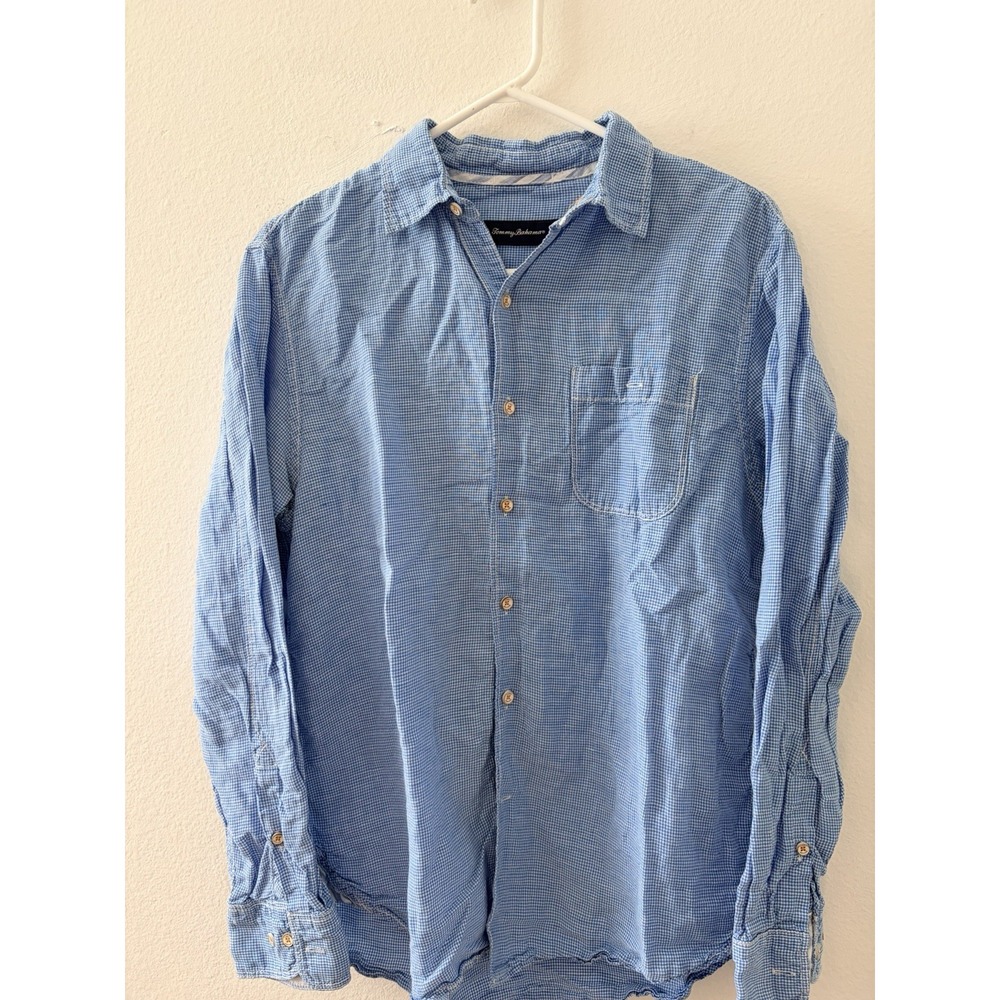 Tommy Bahama Blue White Gingham Plaid Long Sleeve Button Up Shirt Men's Small